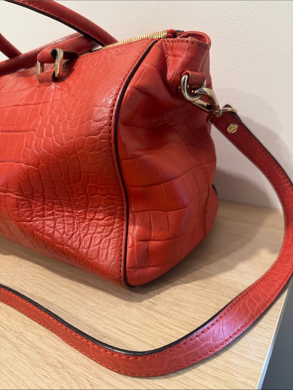 MCM Red Croc-Embossed Leather Satchel Bag - Picture 3 of 6